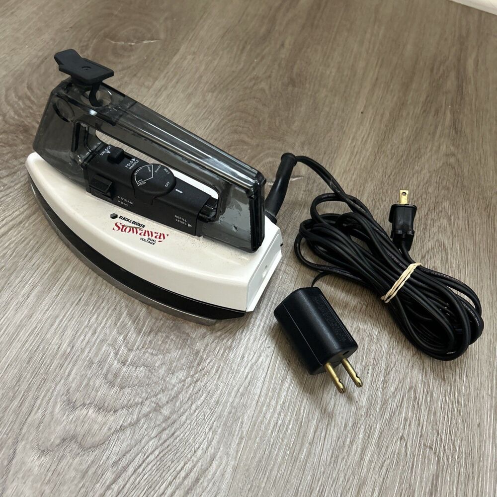 Black & Decker Stowaway Travel Iron Steam Folding Handle Euro Plug Converter